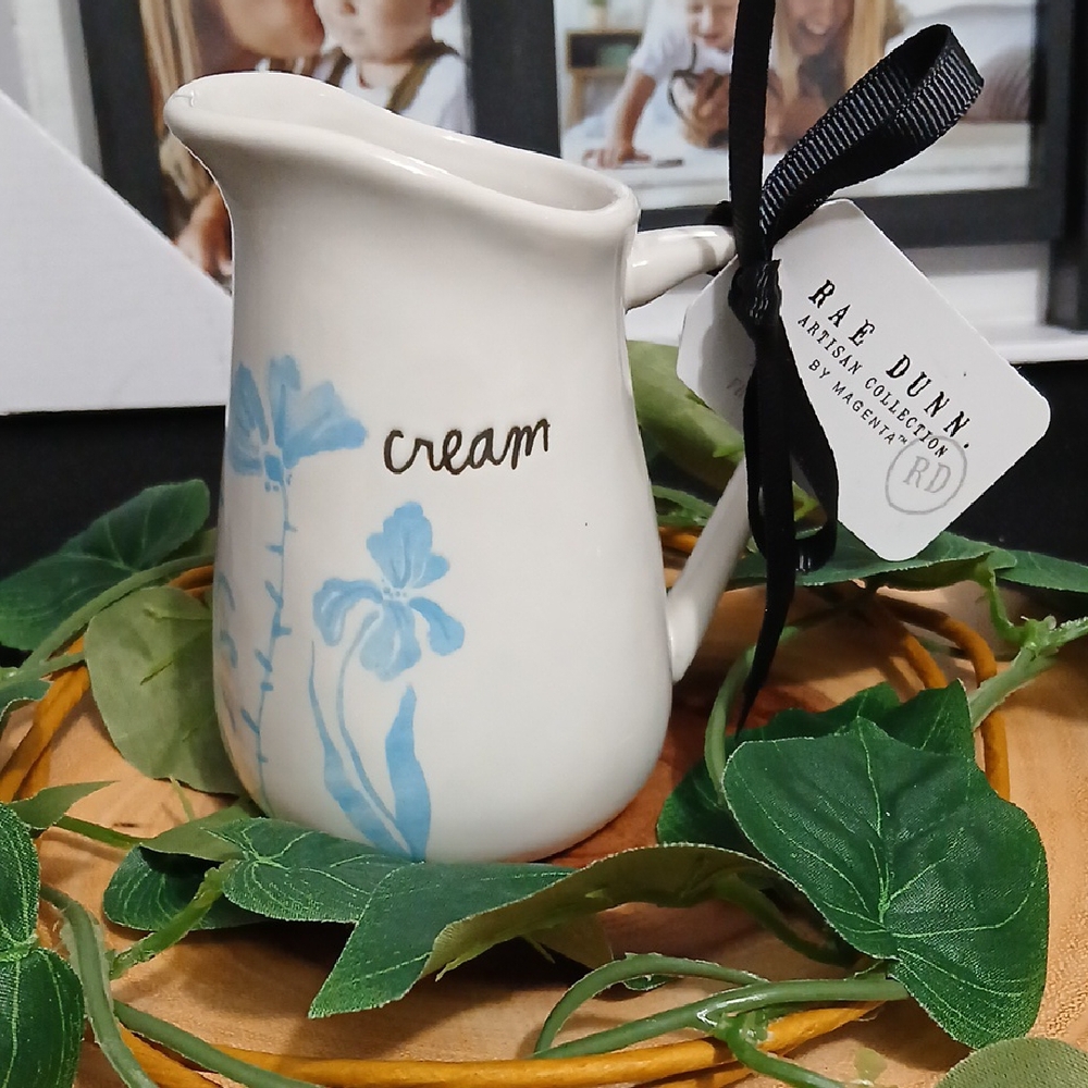 New! Rae Dunn Ceramic 'CREAM' Pitcher with Blue Floral Accents NWT